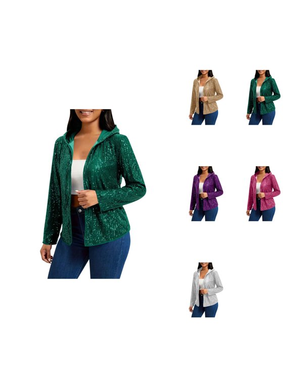 Carnival Hooded Coat â Women's Plus Size Sequin Jacket with Detachable , Lightweight Open Front Long Sleeve Sparkly Cardigan Outerwear