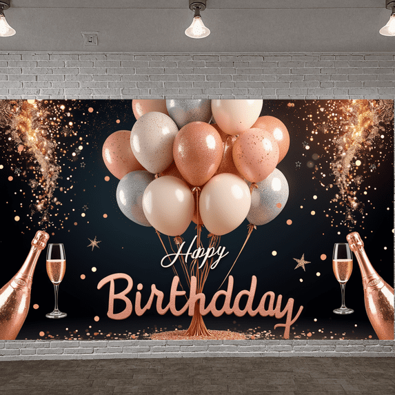 Sparkling Champagne Birthday Banner Celebration Balloons Party Backdrop Happy for Birthday Party Event Decoration Indoor