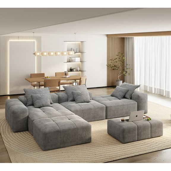 Sparkling Chenille Oversized Modular Sectional Sofa - 6PC Grey Tufted DIY Combination Couch, No Assembly, Residential Living Room Furniture