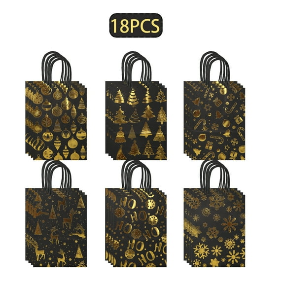 Sparkling Christmas Gift Bags with Handles - Foil Stamped Holiday Paper Bags Assorted Designs for Wrapping Presents, Parties & Festive Treats (Red & Gold Variants)