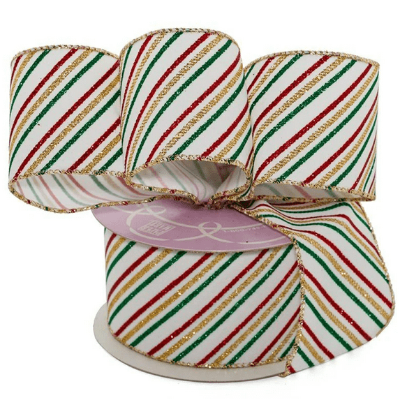 Sparkling Christmas Stripes Wired Ribbon - 2 1/2" x 10 Yards, Red, Gold & Green Glitter Stripes on White, Gold Edge, Garland, Gifts, Wreath, Swag, Fundraiser
