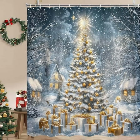 Sparkling Christmas Tree Shower Curtain, Winter Grey Glitter Xmas Tree Bathroom Bathtubs Decor, Christmas Fabric Shower Curtain Sets with Hooks, 72x72 inch