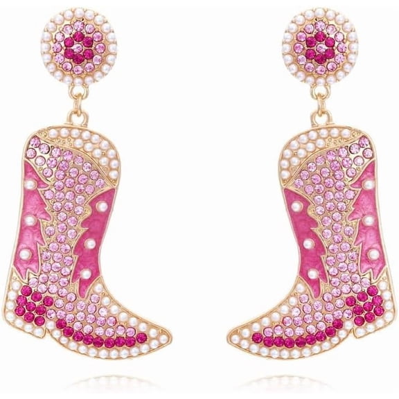 Sparkling Cowgirl Boots Drop Dangle Earrings for Women Girls Crystal Cubic Zirconia Shell Pearl Boot Western Cowboy Fancy Dress Costume Dangling Statement Earring Fashion Jewelry Gifts
