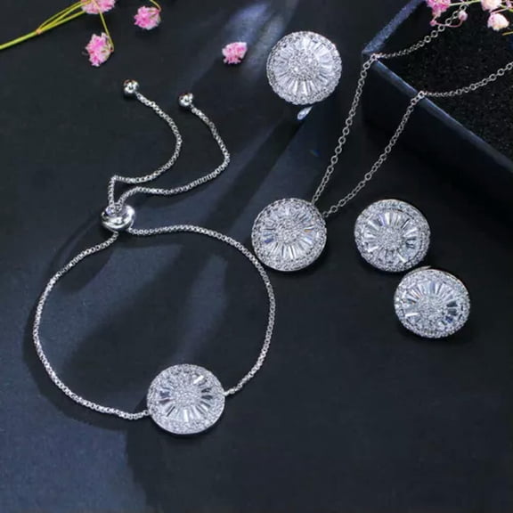 Sparkling Crystal CZ 4pcs Women Jewelry Round Earring Necklace Bracelet Sets