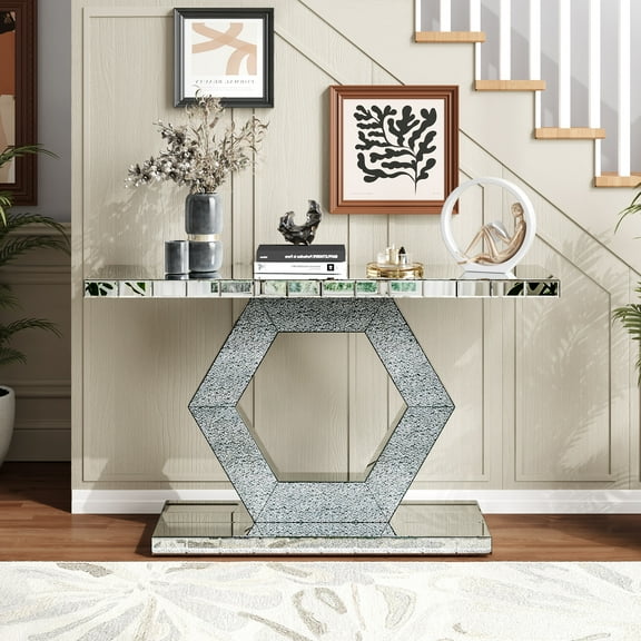Sparkling Crystal Hexagon Mirror Console Table: 55" Modern Foyer Entryway Sofa Table, White Wood & Silver MDF/Glass, Dual-Tier Luxury Art Deco Design, Floor Mount