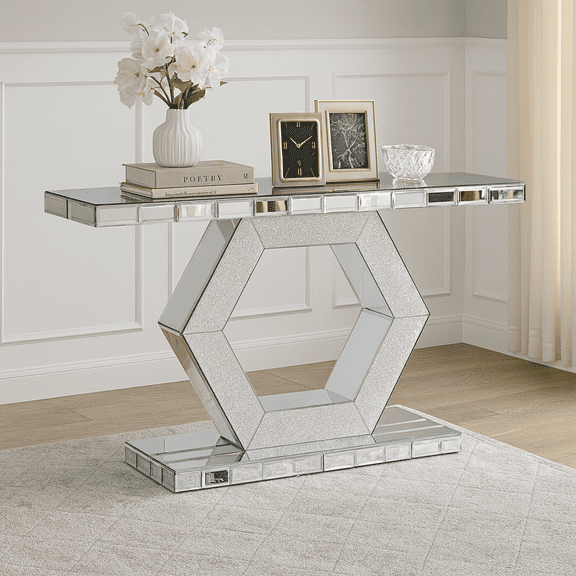 Sparkling Crystal Hexagon Mirror Entryway - Premium Modern Foyer Console Table with Diamond Glass Effects, Dual-Tier Luxury Sofa Table (55"L x14.17"W * 31.5''H)