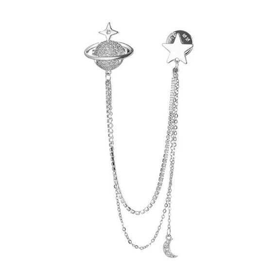 Sparkling Crystal Moon Planet Lapel Pin for Men with Rhinestones Embellishments and Chain for Fashion Enthusiasts
