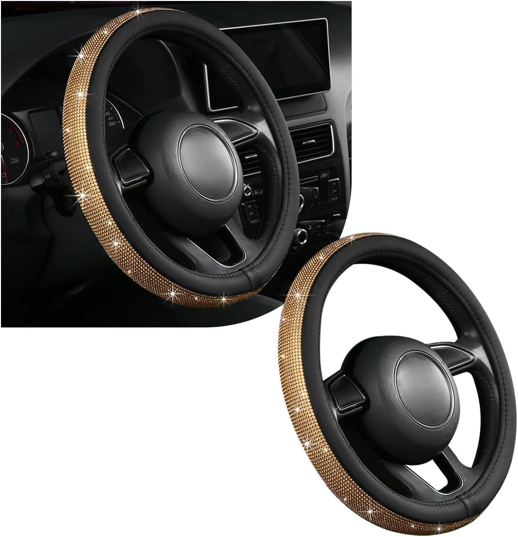 Sparkling Crystal Rhinestone Bling Car Steering Wheel Cover for Women Anti Slip Auto Wheel Protector Fit 15 Inch Steering Wheel Universal Car Accessories, Golden