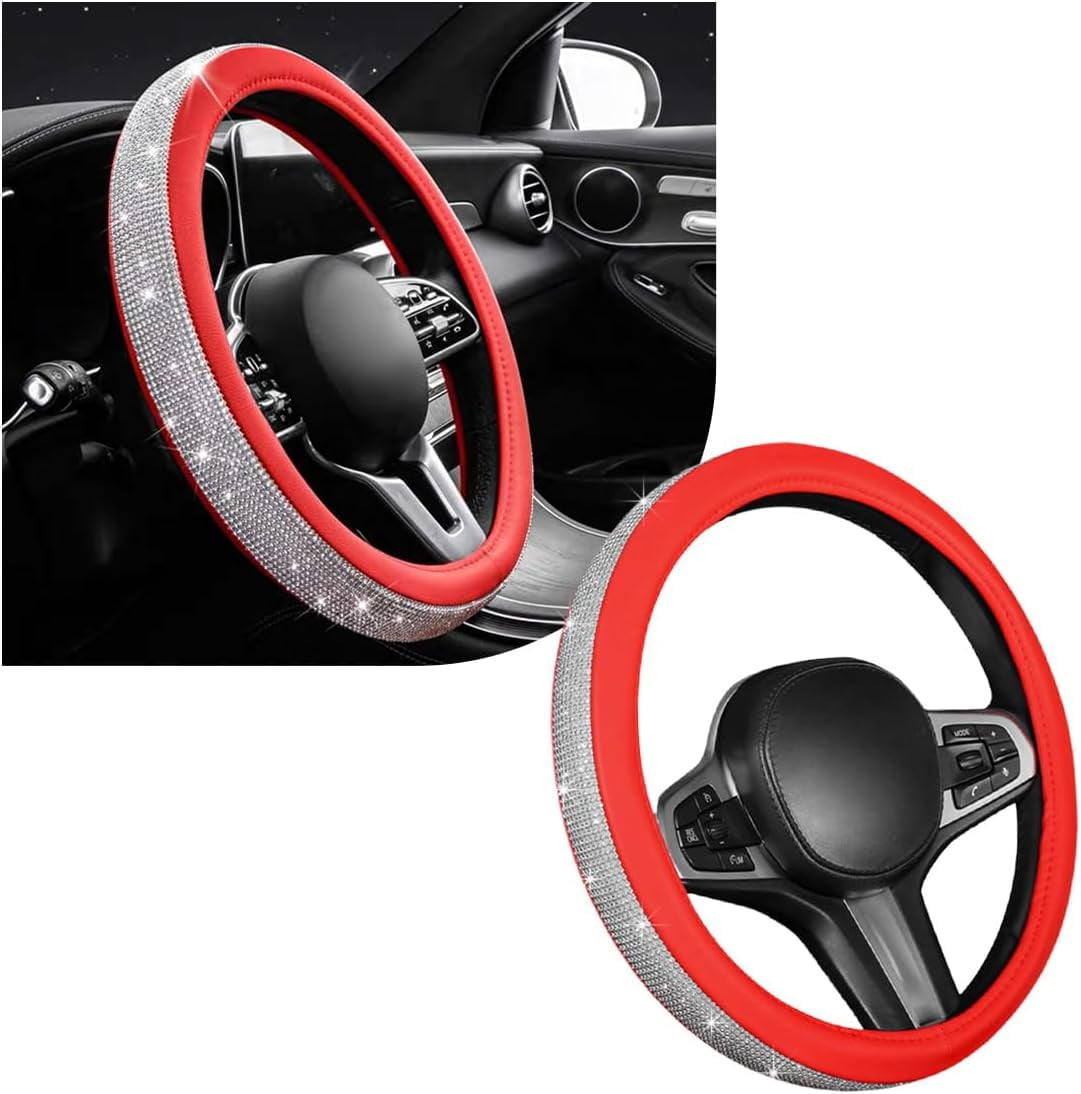 Sparkling Crystal Rhinestone Bling Car Steering Wheel Cover for Women Anti Slip Auto Wheel Protector Fit 15 Inch Steering Wheel Universal Car Accessories, White Red