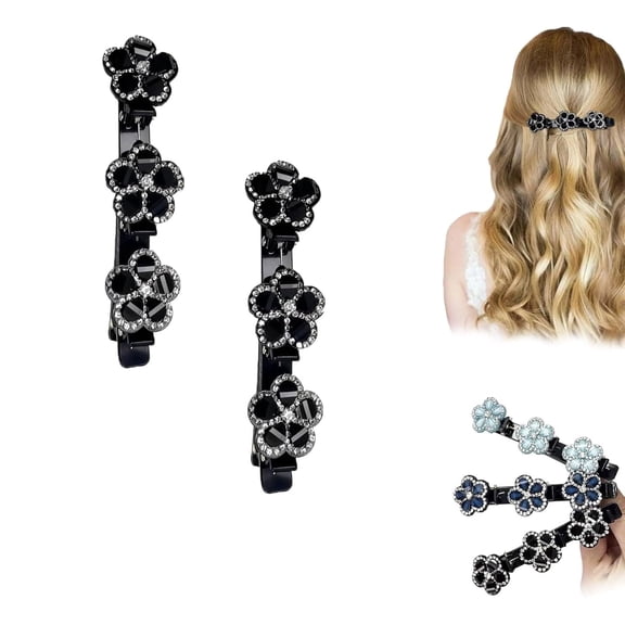 Sparkling Crystal Stone Braided Hair Clips, Double Layer Braided Rhinestone Flower Hair Clips, Decorative Rhinestone Flower Hairs Barrettes Hairs Styling Accessories (black*2)