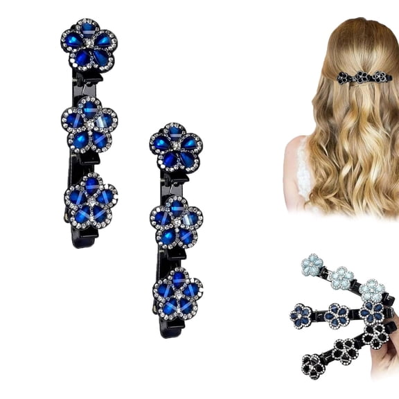 Sparkling Crystal Stone Braided Hair Clips, Double Layer Braided Rhinestone Flower Hair Clips, Decorative Rhinestone Flower Hairs Barrettes Hairs Styling Accessories (dark blue*2)