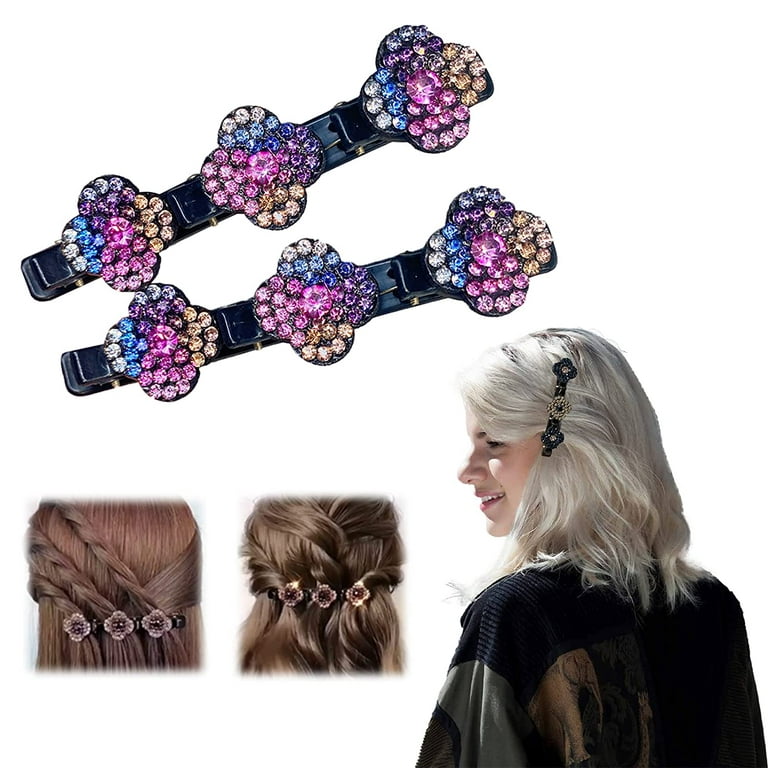Menkey Braided Hair Clip with Rhinestones, Rsvelte Hair Clips, Hair Clip with 3 Small Clips, Satin Fabric Hair Bands, Four-Leaf Clover Hairpin