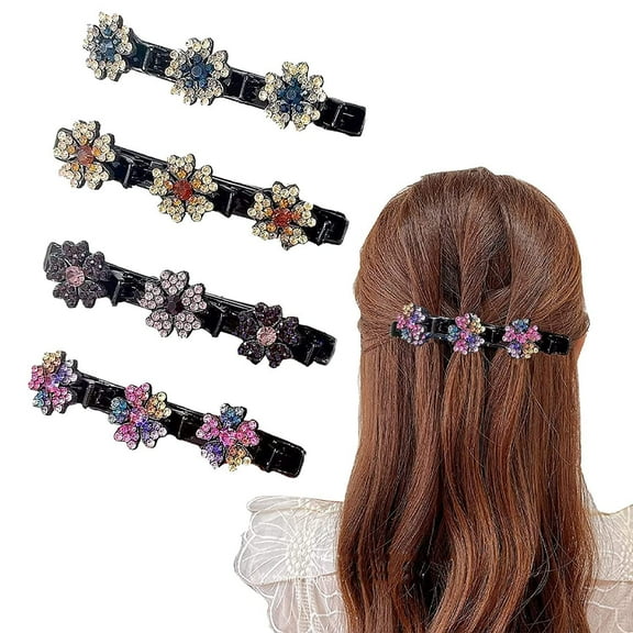 Sparkling Crystal Stone Braided Hair Clips for Girls Women, 4PC Hair Braided Hair Clips with 3 Small Clips for Thick Thin Hair (D-4PC)