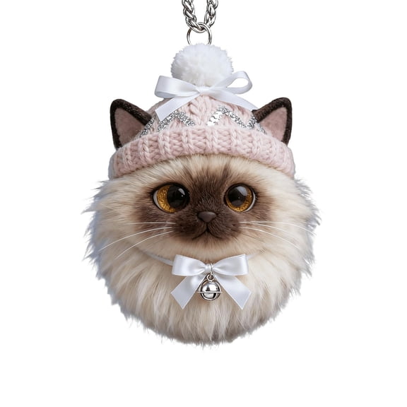Sparkling Crystal Winter Cat Ornament – 2D Furry Plush-Look Holiday Decor, 3.14" Woodland Animal Hanging Ornament for Xmas Tree & Home Winter Decor D