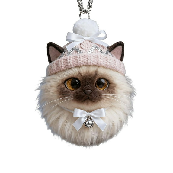 Sparkling Crystal Winter Cat Ornament – 2D Furry Plush-Look Holiday Decor, 3.14" Woodland Animal Hanging Ornament for Xmas Tree & Home Winter Decor D