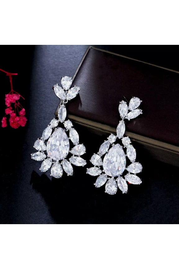 Sparkling Cubic Zirconia CZ Long Leaf Drop Earrings White Gold Plated Women Gift
