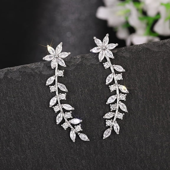 Sparkling Cubic Zirconia Leaf Vine Climber Earrings for Women, 14 Age Group, Floral Design Copper Base, Artificial Gemstone Inlay, Hypoallergenic Ear Crawler Jewelry,White