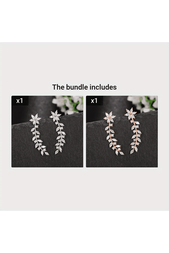 Sparkling Cubic Zirconia Leaf Vine Climber Earrings for Women, 14 Age Group, Floral Design Copper Base, Artificial Gemstone Inlay, Hypoallergenic Ear Crawler Jewelry,White Rose Golden