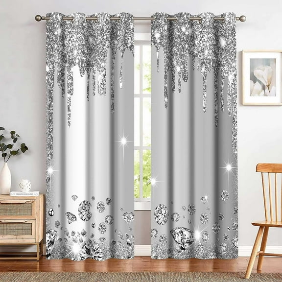 Sparkling Diamond Curtains Silver Shiny Drips Wall Decoration Inspiration Blackout Curtains For Bedrooms Living Rooms Girls Bedroom 52"W x 90"L (Pack of 2)