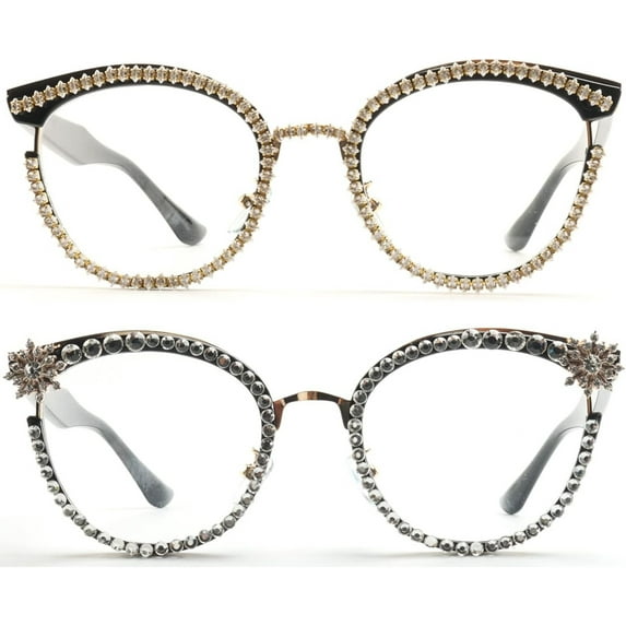 Sparkling Diamond Rhinestone Blue Light Blocking Glasses For Women Crystal Cat Eye Clear Eyeglasses