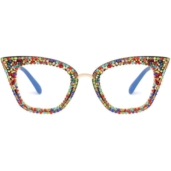 Sparkling Diamond Rhinestone Blue Light Blocking Glasses For Women Metal Frame Crystal Cat Eye Clear Eyeglasses