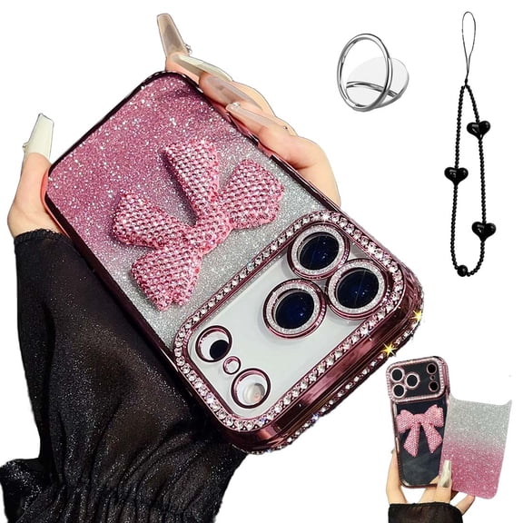 Sparkling Diamond Women's Phone Case with Cute Bow for iPhone 17/15/14/13/12/11ProMax, Luxury Full-Coverage Anti-Scratch Shockproof 3D Crystal Bow Protective Case (Pink, for iPhone 17Air)