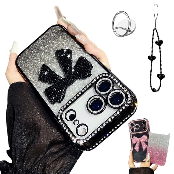 Sparkling Diamond Women's Phone Case with Cute Bow for iPhone 17/15/14/13/12/11ProMax, Luxury Full-Coverage Anti-Scratch Shockproof 3D Crystal Bow Protective Case (Black, for iPhone 17)