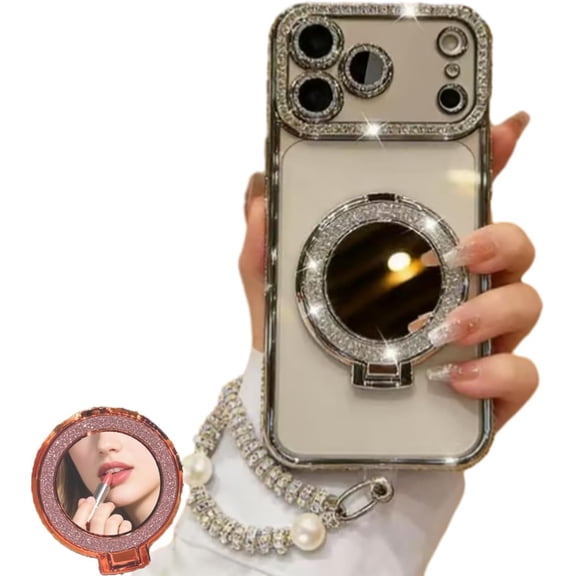 Sparkling Diamond Women's Phone Case with Mirror & Stand for iPhone 12/13/14/15/16/17 Pro Max, Non Slip and Portable for Outdoors, Travel (D,17promax)