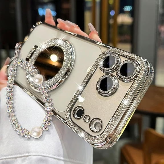 Sparkling Diamond Women's Phone Case with Mirror & Stand for iPhone 16, Luxury Glitter Rhinestone Clear Protective Case with Lanyard Wrist Strap (for iPhone 16)