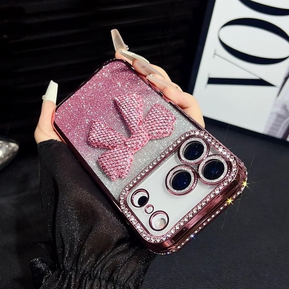 Sparkling Diamond Women's Phone Case with Cute Bow for iPhone 17/16/15/14/13 Pro Max, Sparkling Crystal Diamond Bow Phone Case (Pink,16plus)