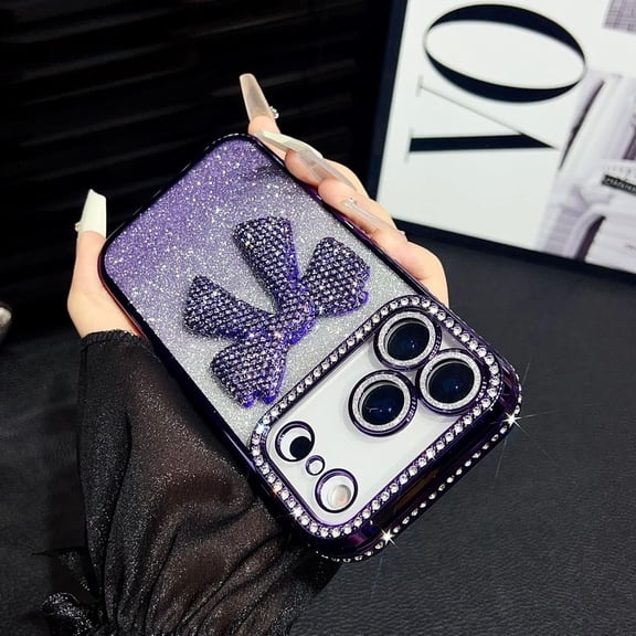 Sparkling Diamond Women's Phone Case with Cute Bow for iPhone 17/16/15/14/13 Pro Max, Sparkling Crystal Diamond Bow Phone Case (Purple,12promax)