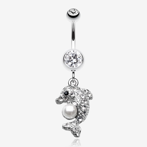 Sparkling Dolphin Belly Button Ring-Clear/White
