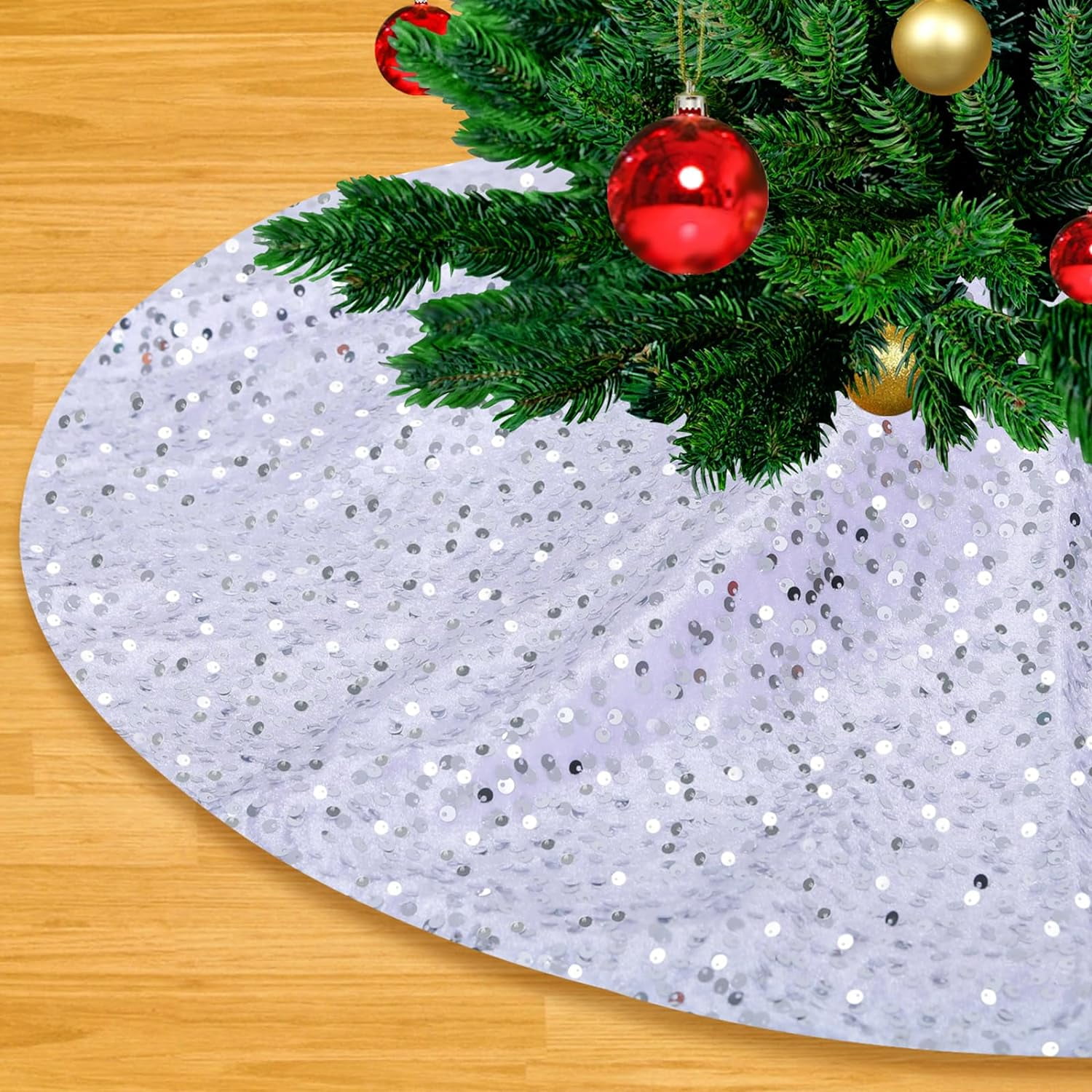 Sparkling Elegance 48Inch Silver White Christmas Tree Skirt Large