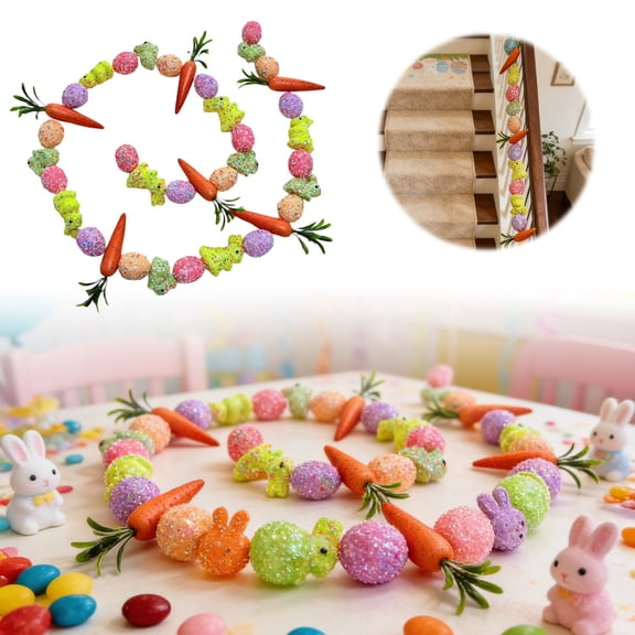 Sparkling Foam Realistic Easter Carrots, Orange Gold with Glitter Leaves, Bunny and Vine, for Indoor Easter Window Decoration and Hanging, Easter Wreath and Easter Decorations