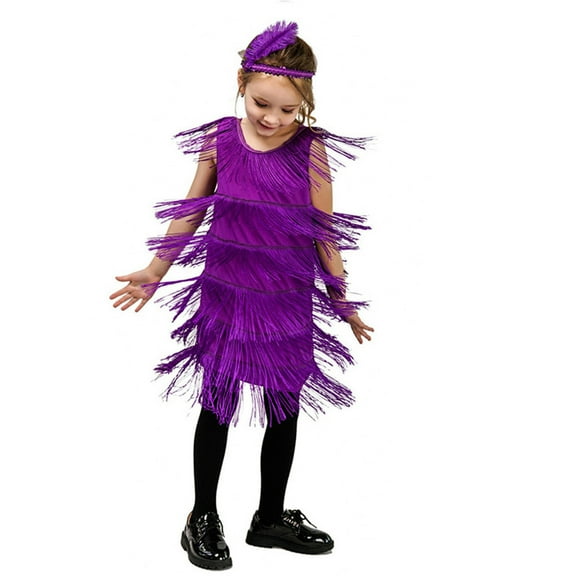 Sparkling Girls Flapper Dance Dress with Sequins Fringe Tassels and Feathered Headband for Latin Tango Ballroom Performance