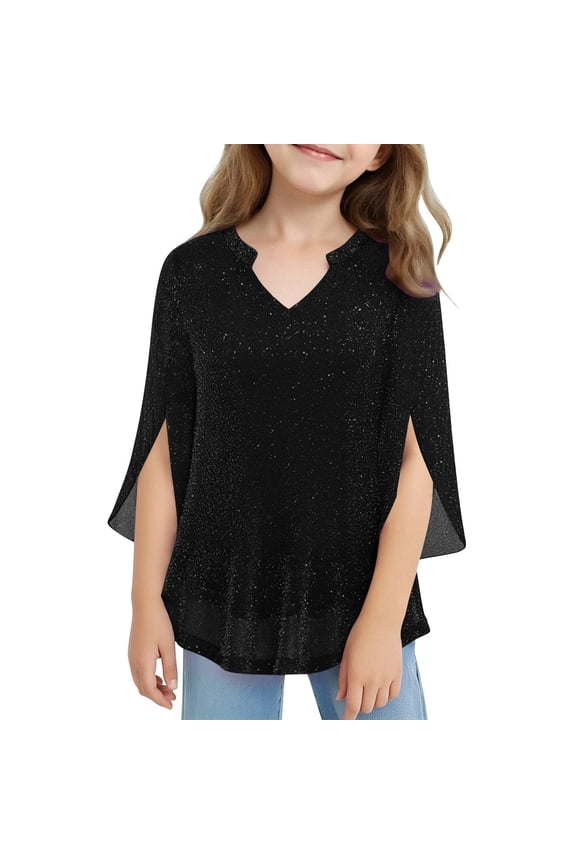 Sparkling Girls Top With Threads And Mesh Layered Design Summer Long Sleeve Shirt Soft Comfortable Casual Blouse For Teen Girls