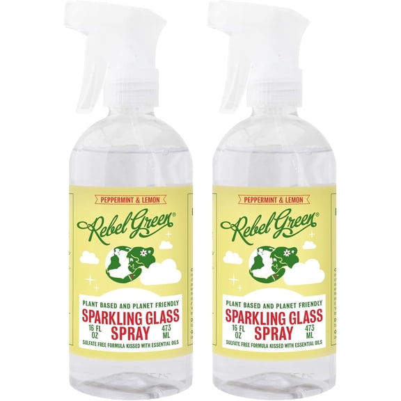 Sparkling Glass Spray - Streak-Free Natural Glass Cleaner for Windows, Mirrors, and Surfaces - Peppermint & Lemon Scent - 16 oz - 2 Pack