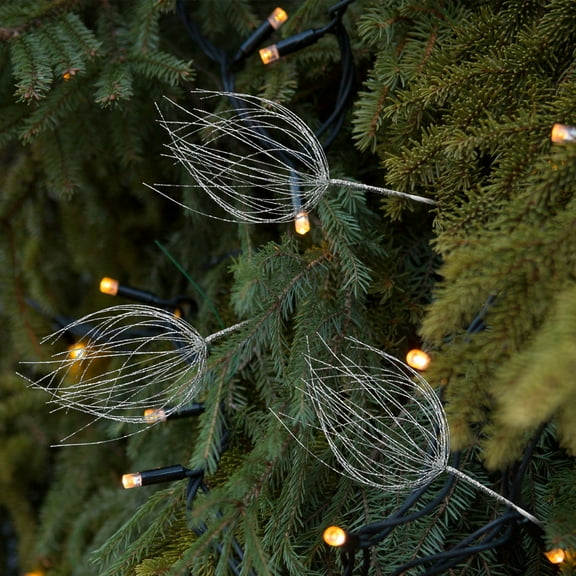 Sparkling Glitter Artificial Flower Branch, Plastic in Silver and White, Size 32x10cm, for Christmas Tree and Wreath Decoration, Enhances Holiday Ambiance