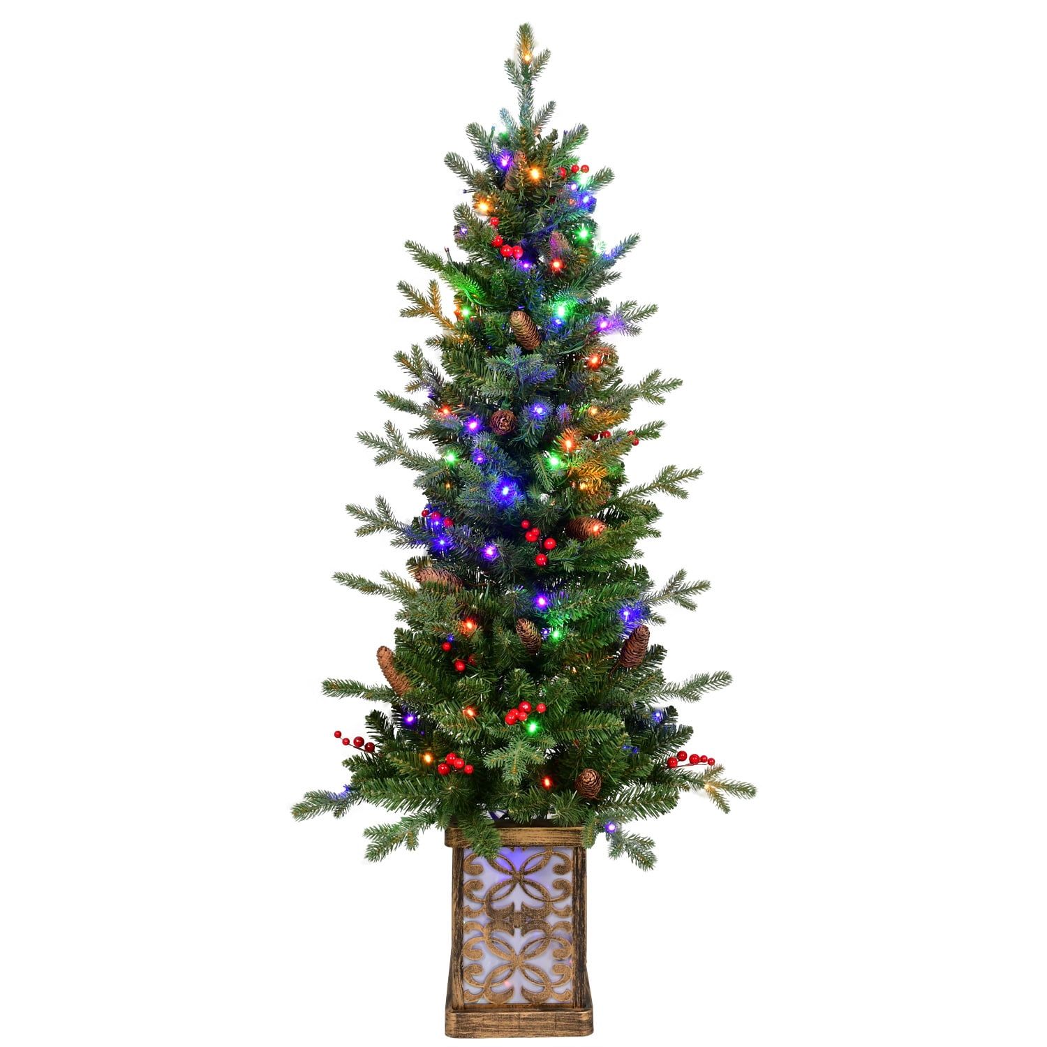 Sparkling Glitter Base Prelit Christmas Tree 100 LED Lights Berries Cones PE PVC Tips Holiday Decor