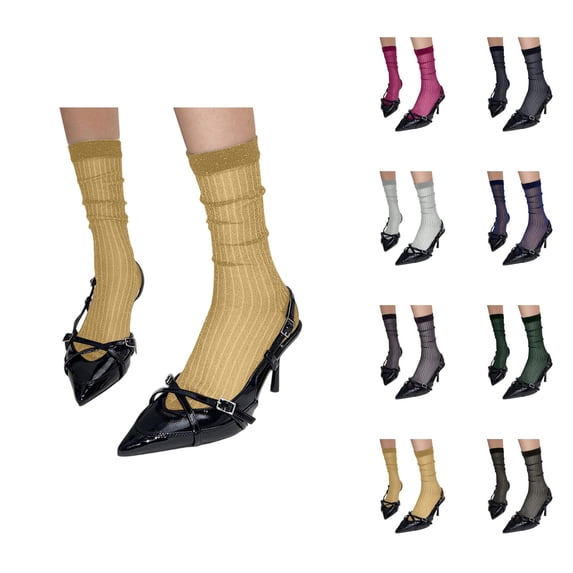 Sparkling Glitter Socks, 4 Pairs Women's Sheer Mid Calf Dressy Casual Stackable Ankle Socks with Shiny Metallic Thread, Summer Fashion Footwear