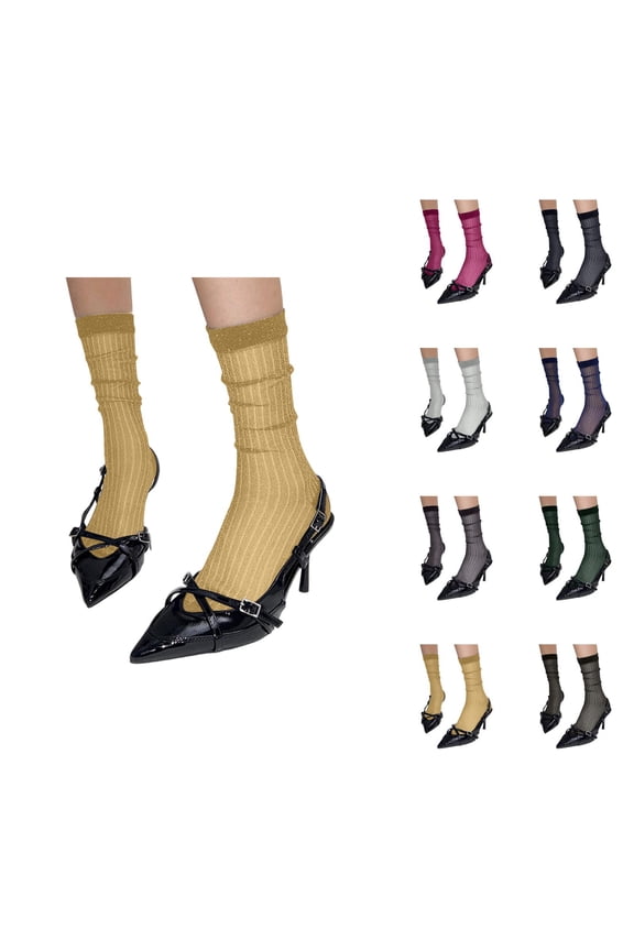 Sparkling Glitter Socks, 4 Pairs Women's Sheer Mid Calf Dressy Casual Stackable Ankle Socks with Shiny Metallic Thread, Summer Fashion Footwear