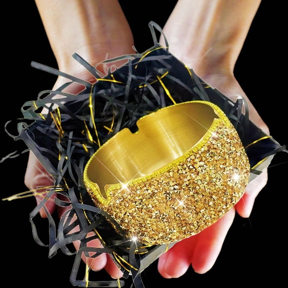 Sparkling Gold Ashtray with Diamond Rhinestone Decor for Home and Party Use