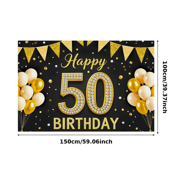 Sparkling Gold Black Happy 50th Birthday Banner with Glittery Elements Background Balloons Party Supplies Birthday Decoration Photography Props