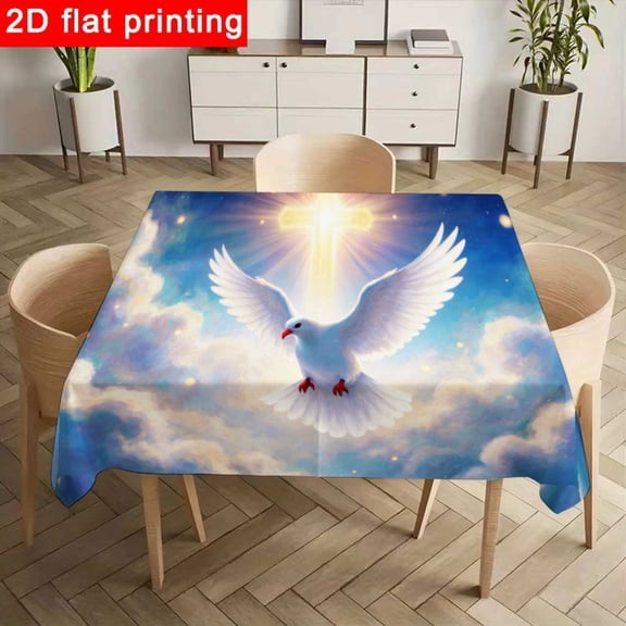Sparkling Gold Cross Tablecloth Blue Dove Pattern Table Cover Reusable and Easy to Clean Ideal for Religious Gatherings Easter Celebrations Spiritual Events Party First Communion Decor Multiple Sizes
