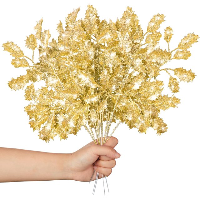 Sparkling Gold Glitter Leaf Christmas Tree Sprays Set of 30