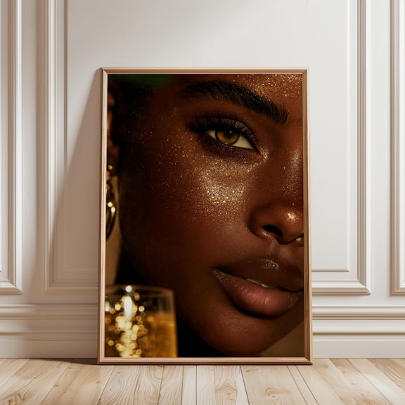Sparkling Gold Makeup Close Up Portrait Luxury Glam Wall Decor Fashion Art Print Vertical