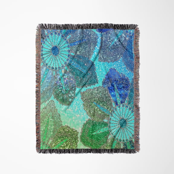 Sparkling Green And Blue Shiny Glitter Flower , Woven Blanket