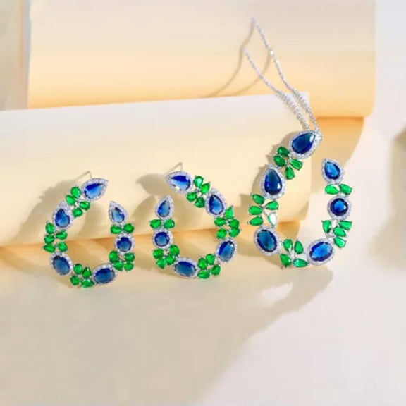 Sparkling Green CZ Big Flower Drop Earrings Necklace Jewelry Set for Women Gift
