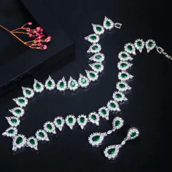 Sparkling Green CZ Tear Drop Necklace Earrings for Wedding Costume Jewelry Set