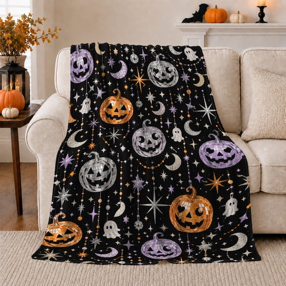 Sparkling Halloween Disco Pumpkin Pattern Festive Black Background, Festive Halloween Scene, Warm Flannel Blanket for Living Room and Family Room, Art Lovers Halloween Gift, Festive Home Decor